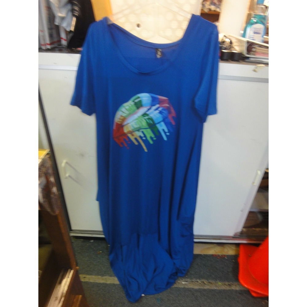 HAOOHU‎ oversized S blue short sleeve high low dress multicolor drip lips NEW